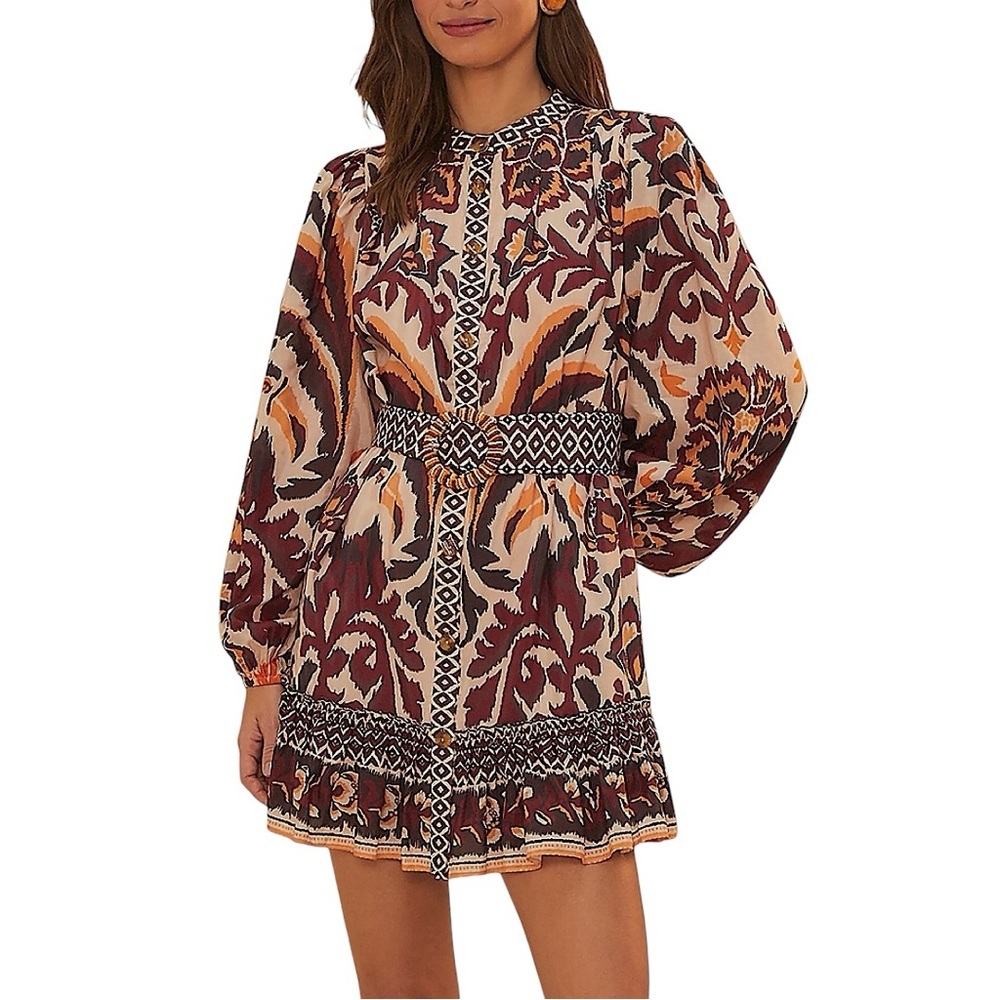 FARM RIO Toucans Scarf Cream Belted Long Puff Sleeve Mini Dress